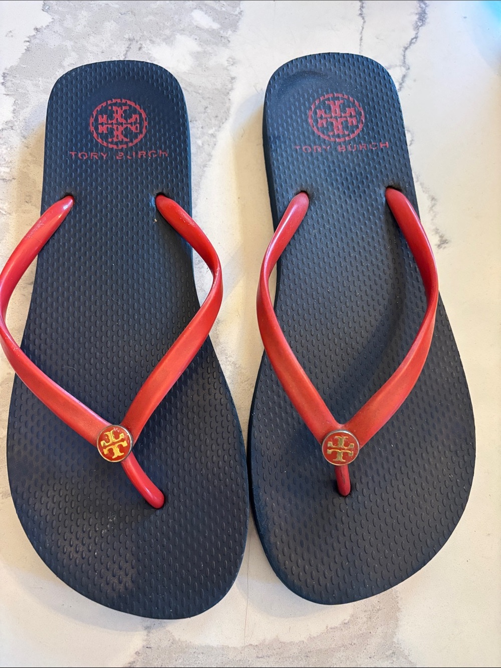 Tory Burch Navy Footbed Red Strap Logo Flip Flops
